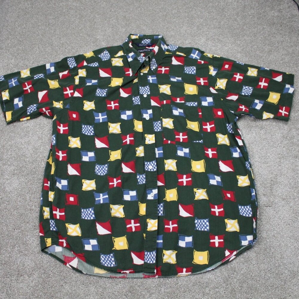Nautica AOP Shirt Mens XL Green World Flag All Over Print Cotton S/S Button Down